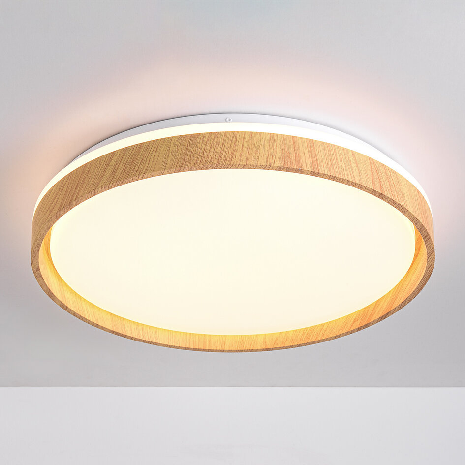 LED-taklampa Britta, 3-stegs dimbar Ø48,5 cm - vit med träaccent