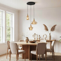 Designad pendellampa Calypso med tre lampor och skärmar i amberfärgat glas