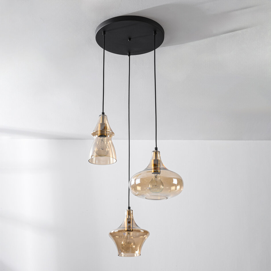 3-ljus design taklampa Calypso med bärnstensfärgade glaskupor