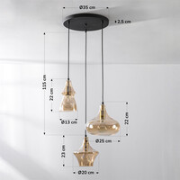 3-ljus design taklampa Calypso med bärnstensfärgade glaskupor