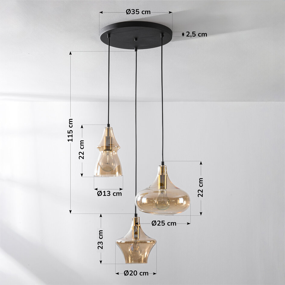 3-ljus design taklampa Calypso med bärnstensfärgade glaskupor