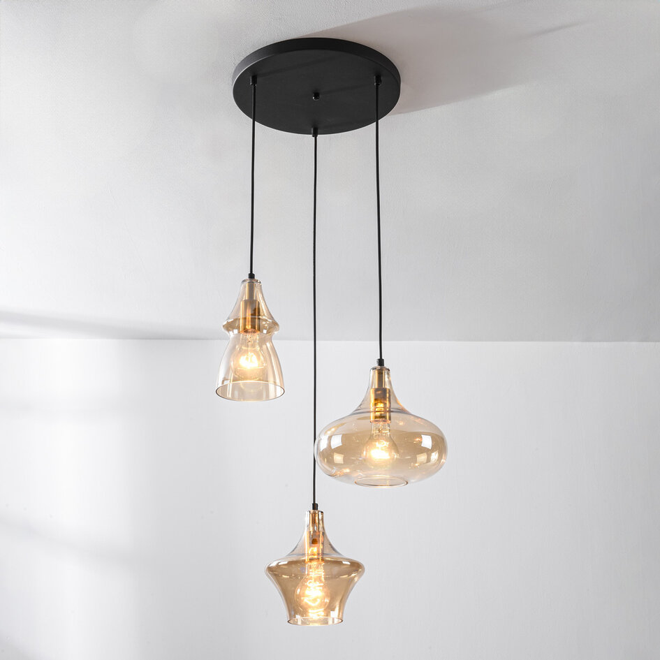 3-ljus design taklampa Calypso med bärnstensfärgade glaskupor