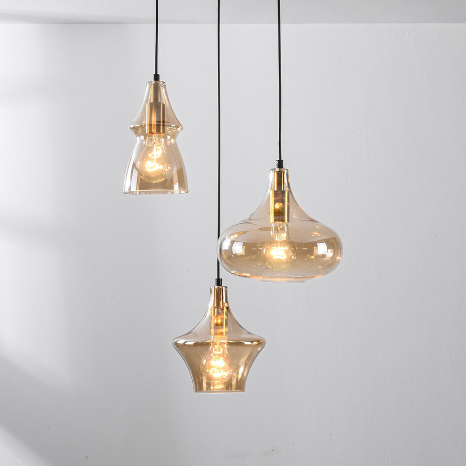 3-ljus design taklampa Calypso med bärnstensfärgade glaskupor