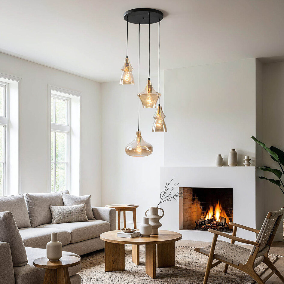 Retro designad pendellampa Calypso med fyra skärmar i amberfärgat glas