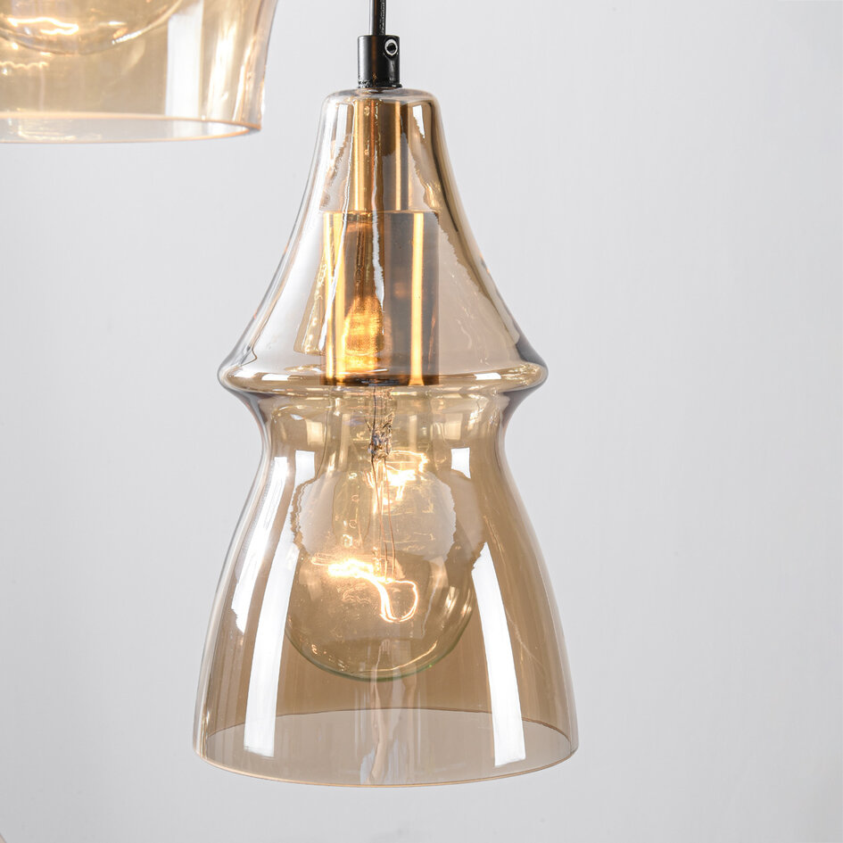 Retro designad pendellampa Calypso med fyra skärmar i amberfärgat glas