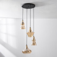 Retro designad pendellampa Calypso med fyra skärmar i amberfärgat glas