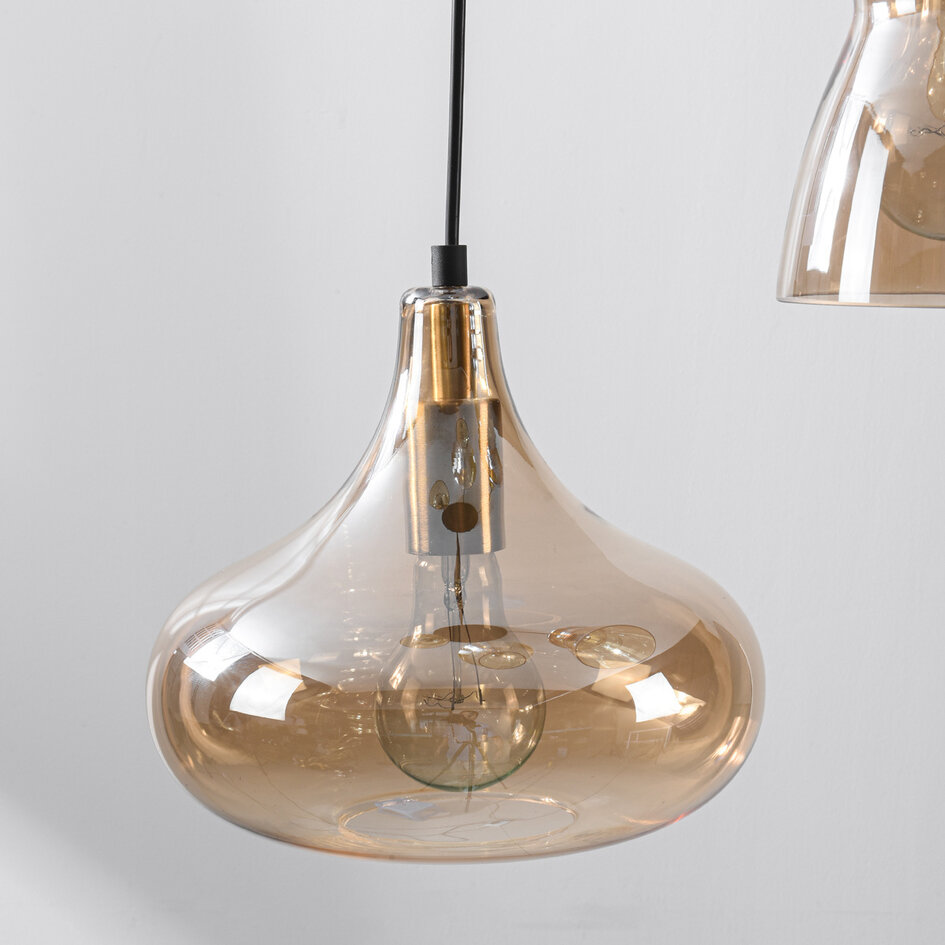 Retro designad pendellampa Calypso med fyra skärmar i amberfärgat glas