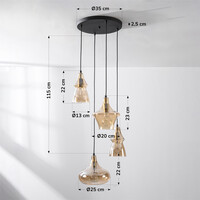 Retro designad pendellampa Calypso med fyra skärmar i amberfärgat glas
