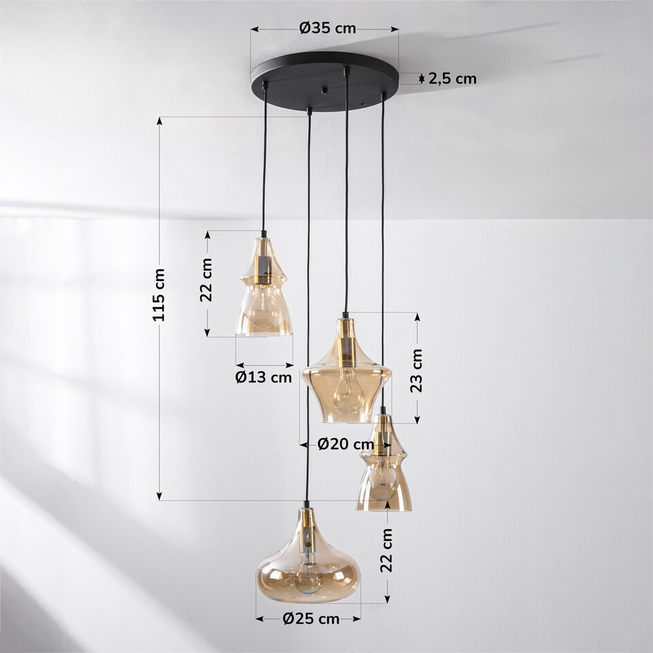 Retro designad pendellampa Calypso med fyra skärmar i amberfärgat glas