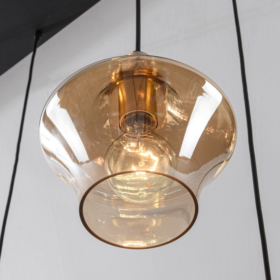 Industriell pendellampa Calypso med sex lampor och amberfärgat glas