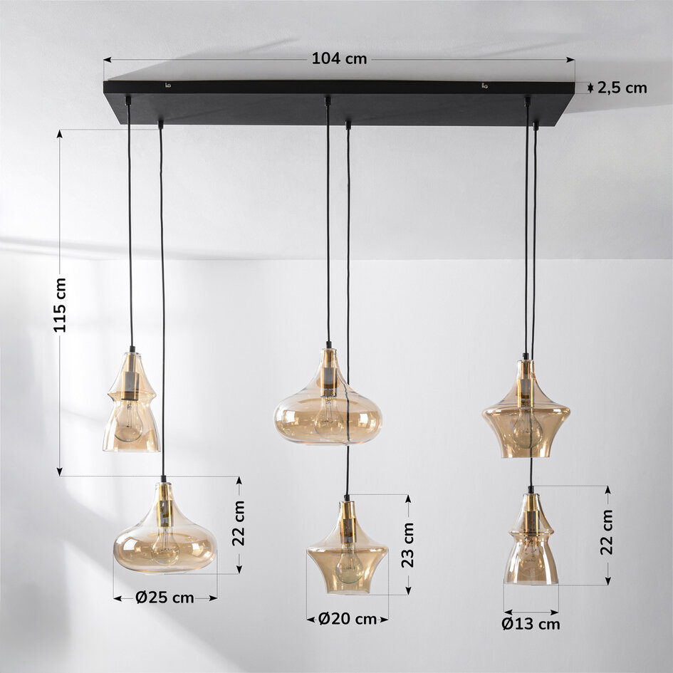Industriell pendellampa Calypso med sex lampor och amberfärgat glas
