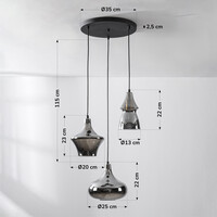 Modern pendellampa Calypso med tre lampor i svart med rökfärgat glas