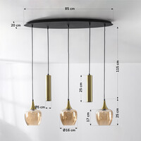 Modern pendellampa Eloi med två guldfärgade GU10-spotlights och tre skärmar i amberfärgat glas, fem lampor