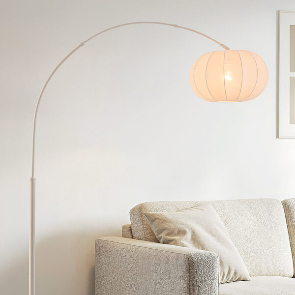 Japandi båglampa Marell – beige armatur med linneskärm