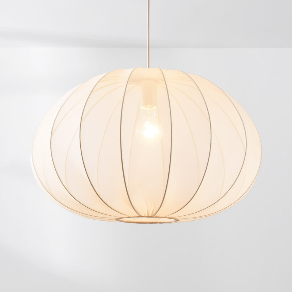 Japandi-pendellampa Fayra - rund skärm i ljusbeige tyg Ø60 cm
