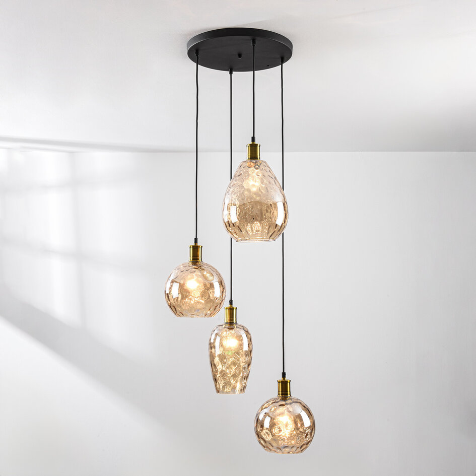 Pendellampa Nilo med fyra lampor - amberfärgat glas