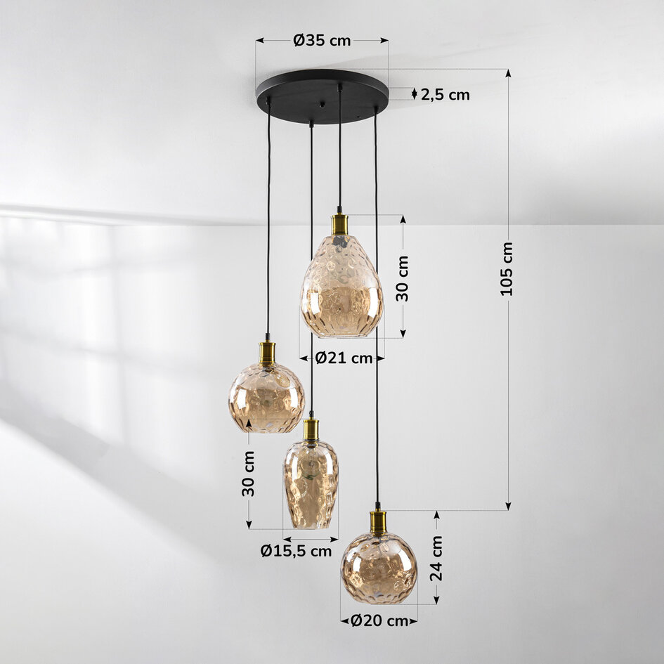 Pendellampa Nilo med fyra lampor - amberfärgat glas