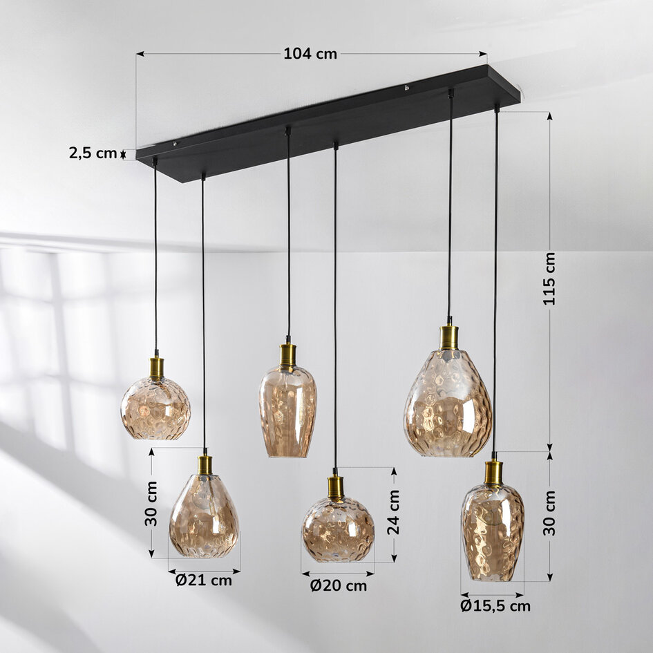 Pendellampa Nilo med sex lampor - amberfärgat glas