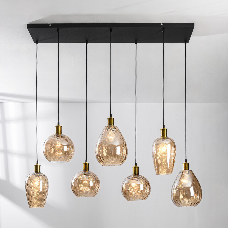 Pendellampa Nilo med sju lampor - amberfärgat glas