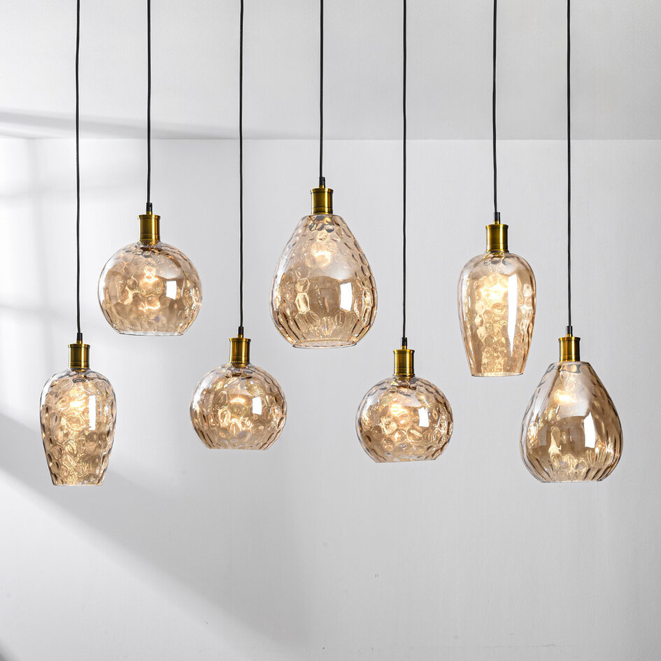 Pendellampa Nilo med sju lampor - amberfärgat glas