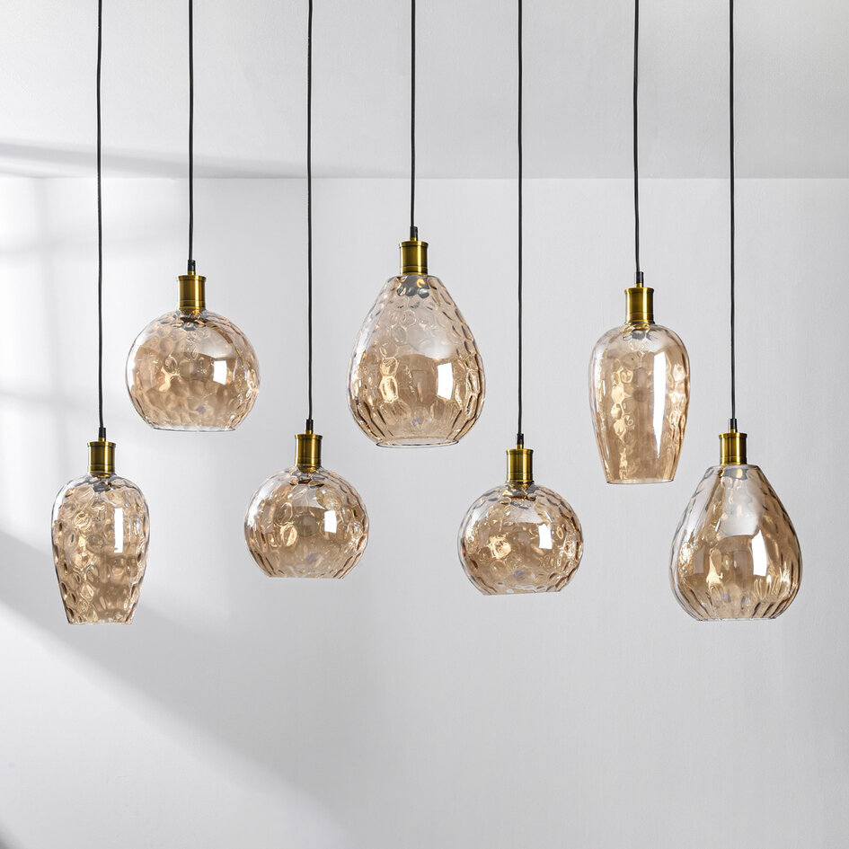 Pendellampa Nilo med sju lampor - amberfärgat glas