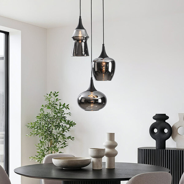 Design taklampa Zian – 3-ljus svart med rökglas och spegeleffekt i olika former