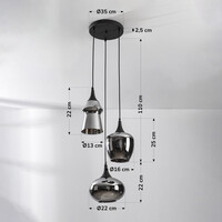 Design taklampa Zian – 3-ljus svart med rökglas i olika former