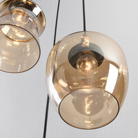 Design taklampa Zian – 3-ljus svart med trälook och bärnstensfärgat glas i olika former