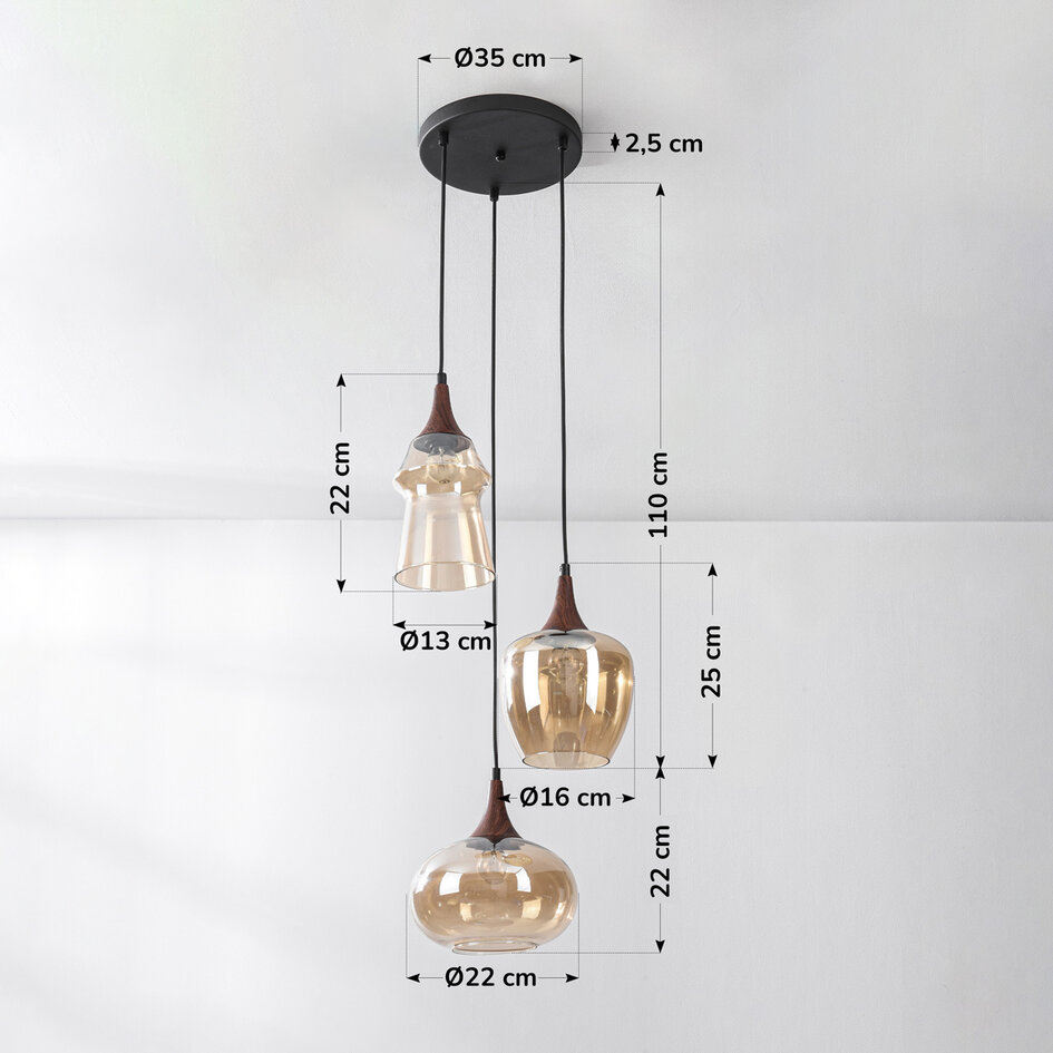 Design taklampa Zian – 3-ljus svart med trälook och bärnstensfärgat glas i olika former