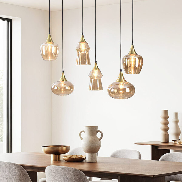 Taklampa Lior guld med bärnstensfärgat glas i olika former – 6-ljus