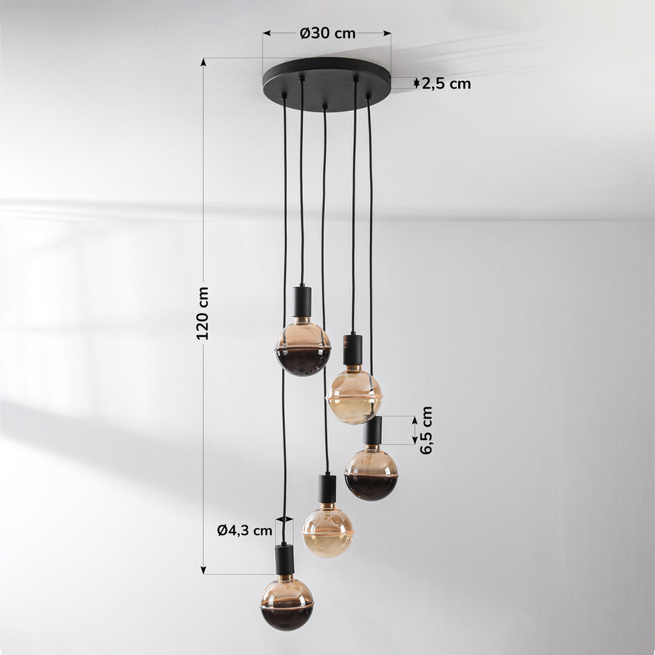 Pendellampa Illumine med fem lampor - svart, set inklusive dimbara E27 LED-lampor