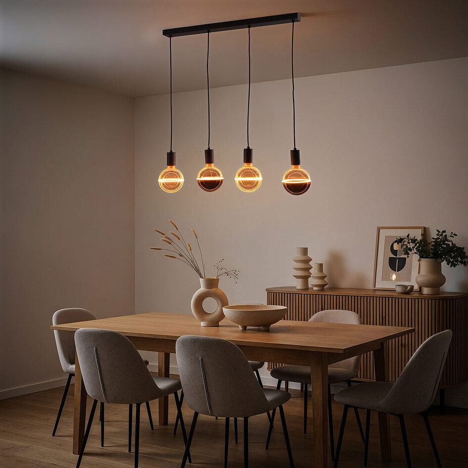 Pendellampa Nivelle med fyra lampor - svart, set inklusive dimbara E27 LED-lampor