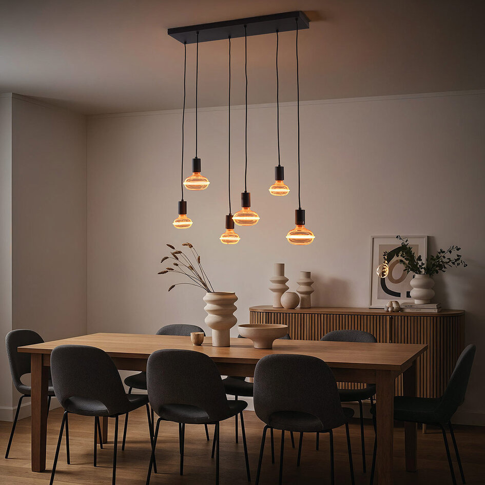 Pendellampa Nivelle med sex lampor - svart, set inklusive dimbara E27 LED-lampor