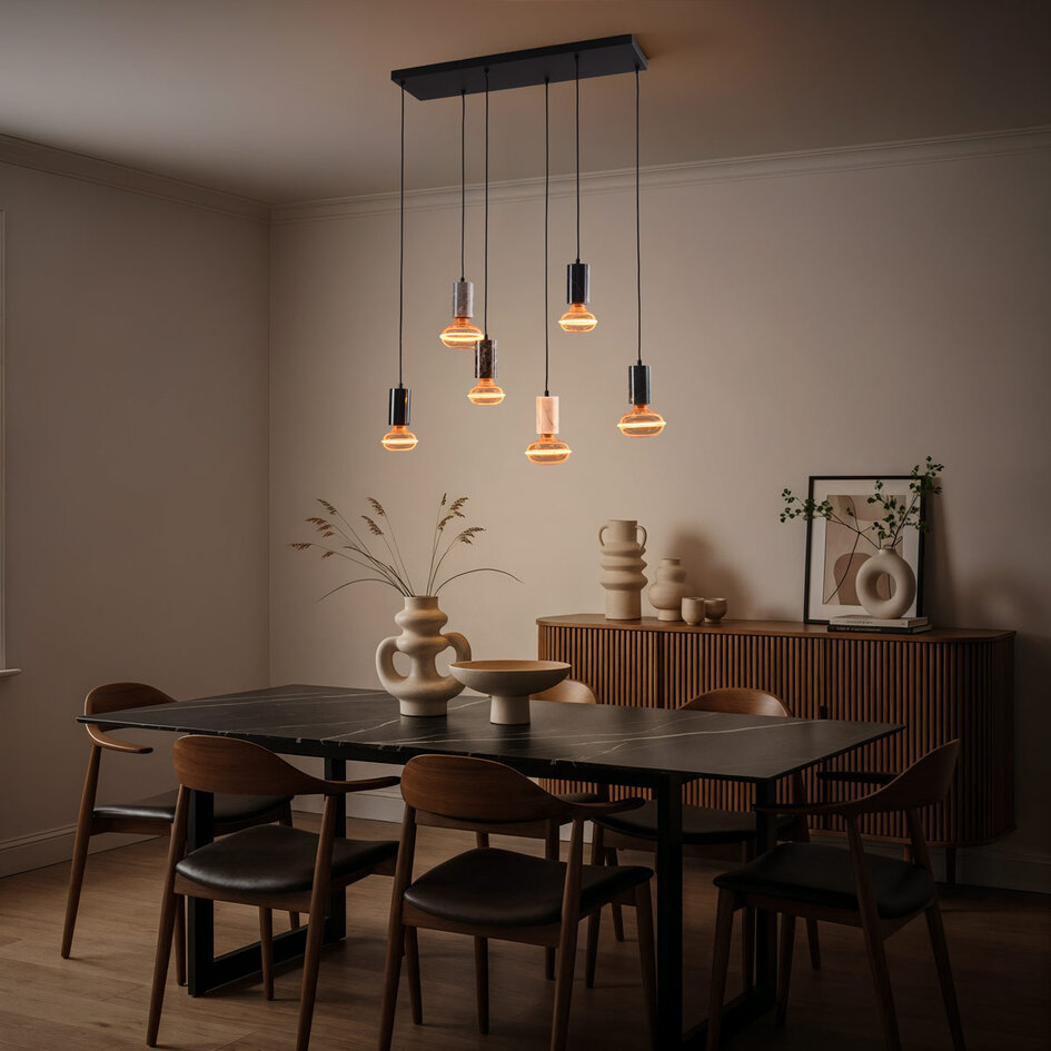 Pendellampa Caverna med sex lampor - svart med marmordetaljer, set inklusive dimbar LED