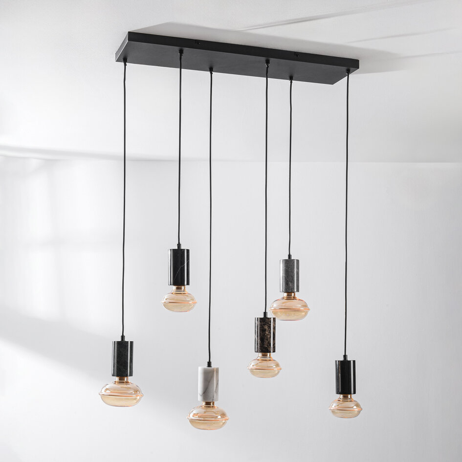 Pendellampa Caverna med sex lampor - svart med marmordetaljer, set inklusive dimbar LED