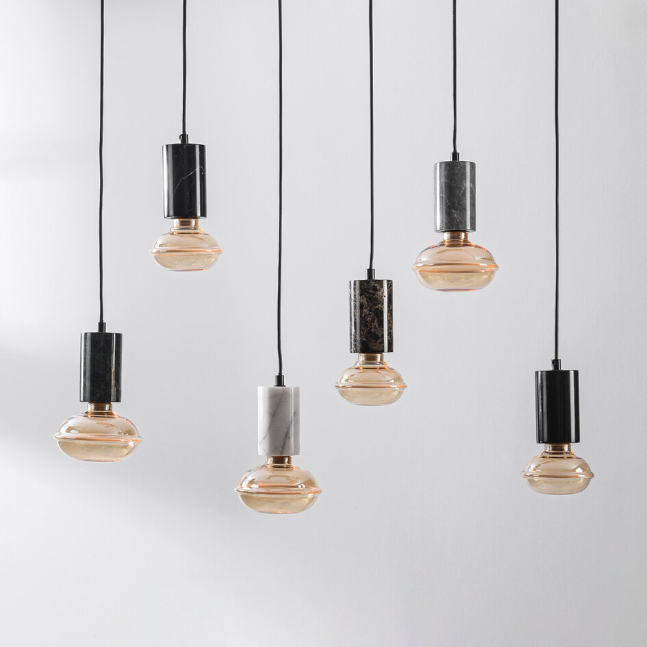 Pendellampa Caverna med sex lampor - svart med marmordetaljer, set inklusive dimbar LED