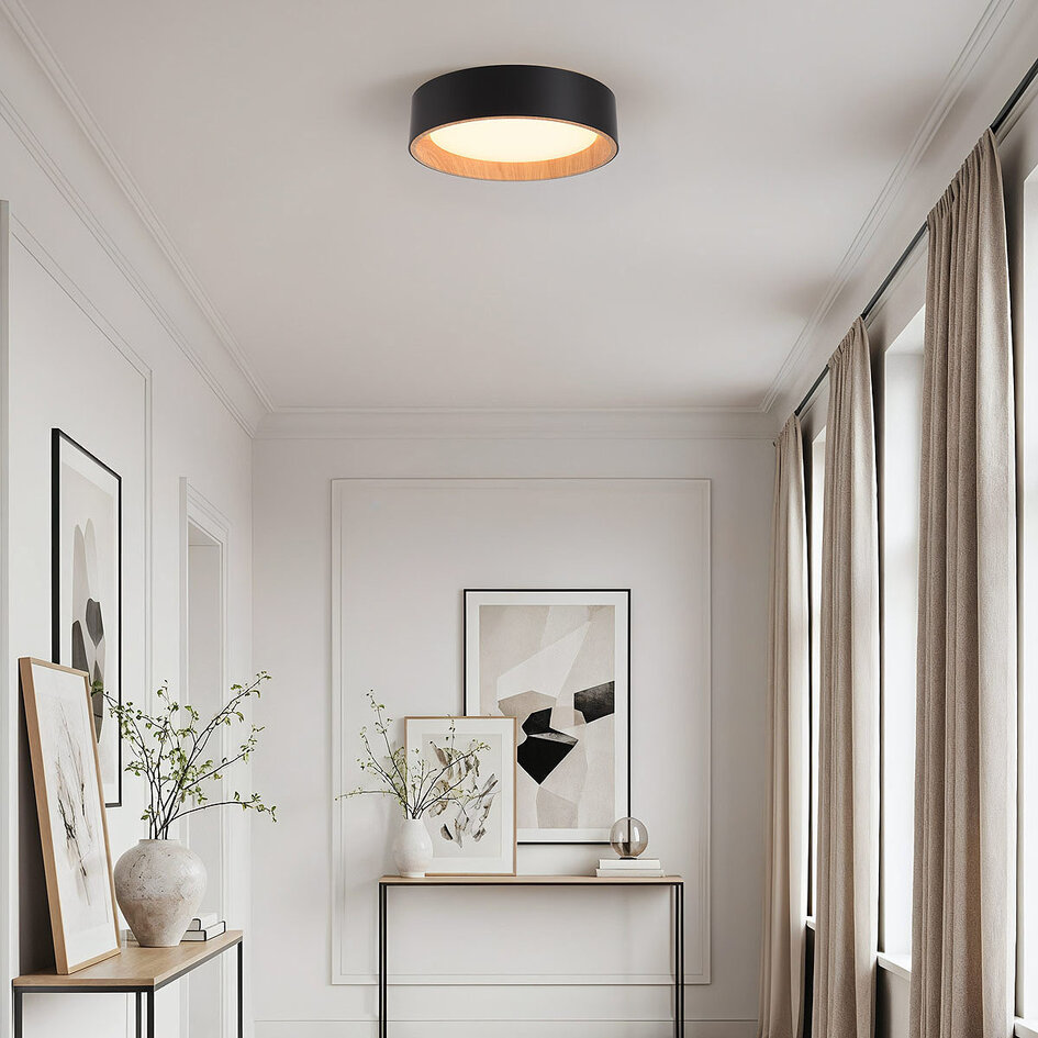 LED-taklampa Larios, 3-stegs dimbar Ø29 cm - svart med träaccent