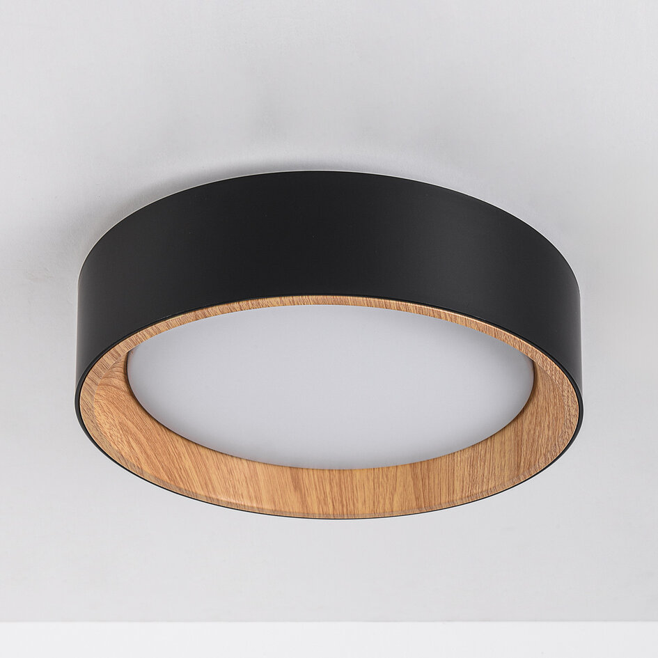 LED-taklampa Larios, 3-stegs dimbar Ø29 cm - svart med träaccent
