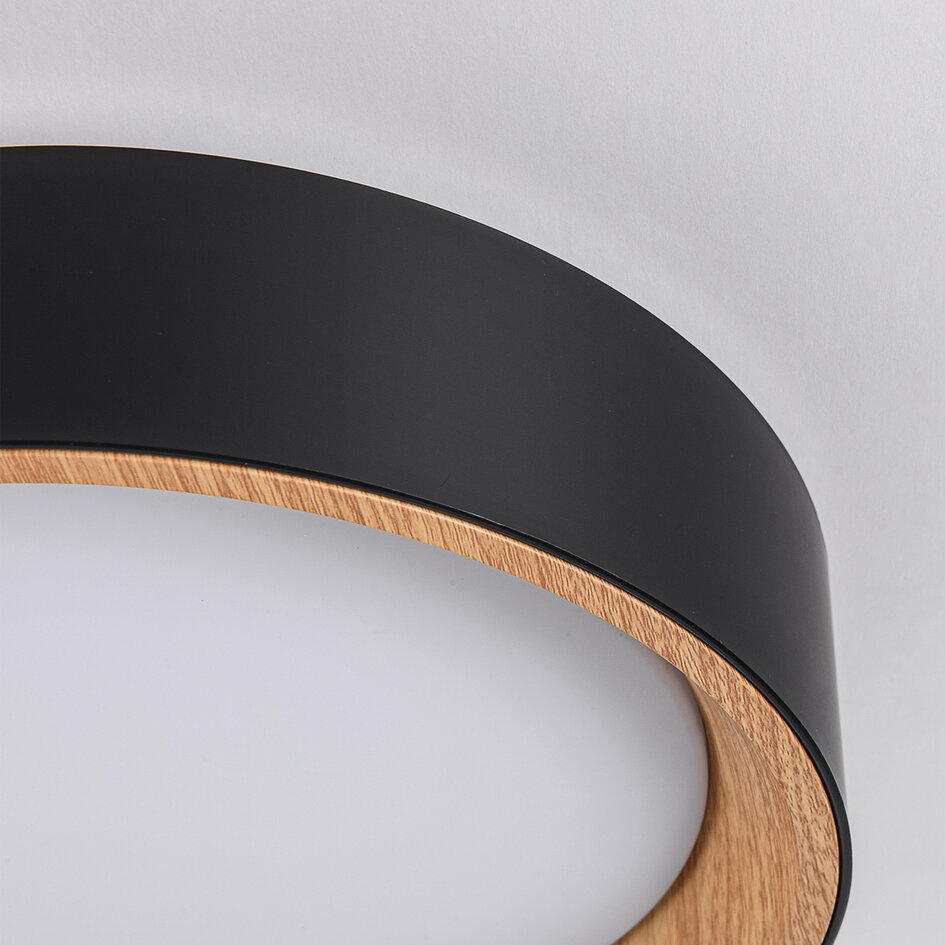 LED-taklampa Larios, 3-stegs dimbar Ø29 cm - svart med träaccent