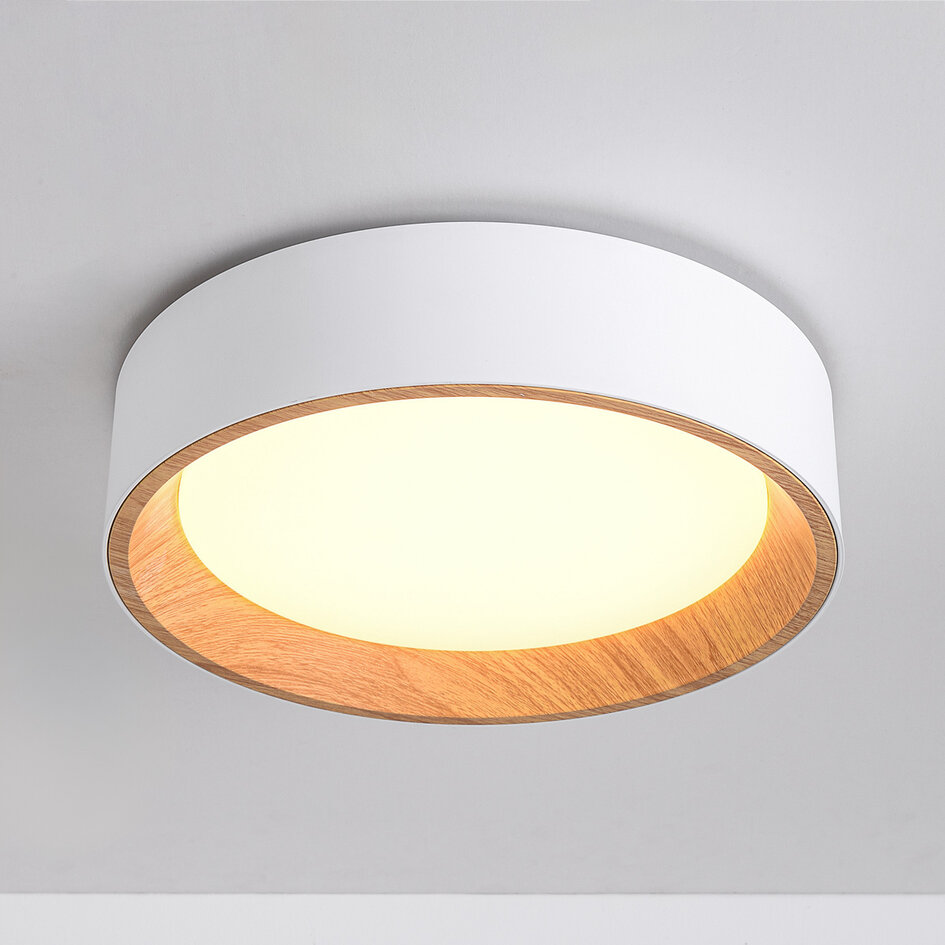 LED-taklampa Larios, 3-stegs dimbar Ø29 cm - vit med träaccent