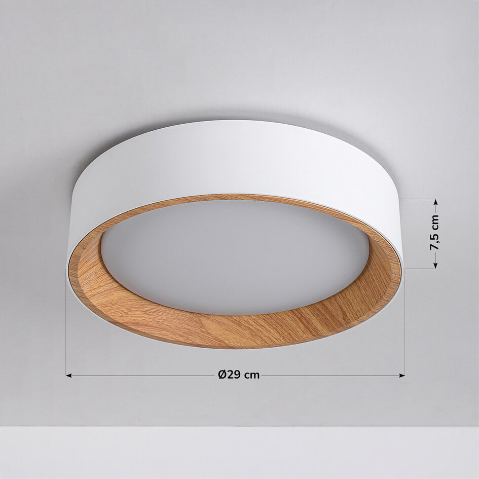 LED-taklampa Larios, 3-stegs dimbar Ø29 cm - vit med träaccent