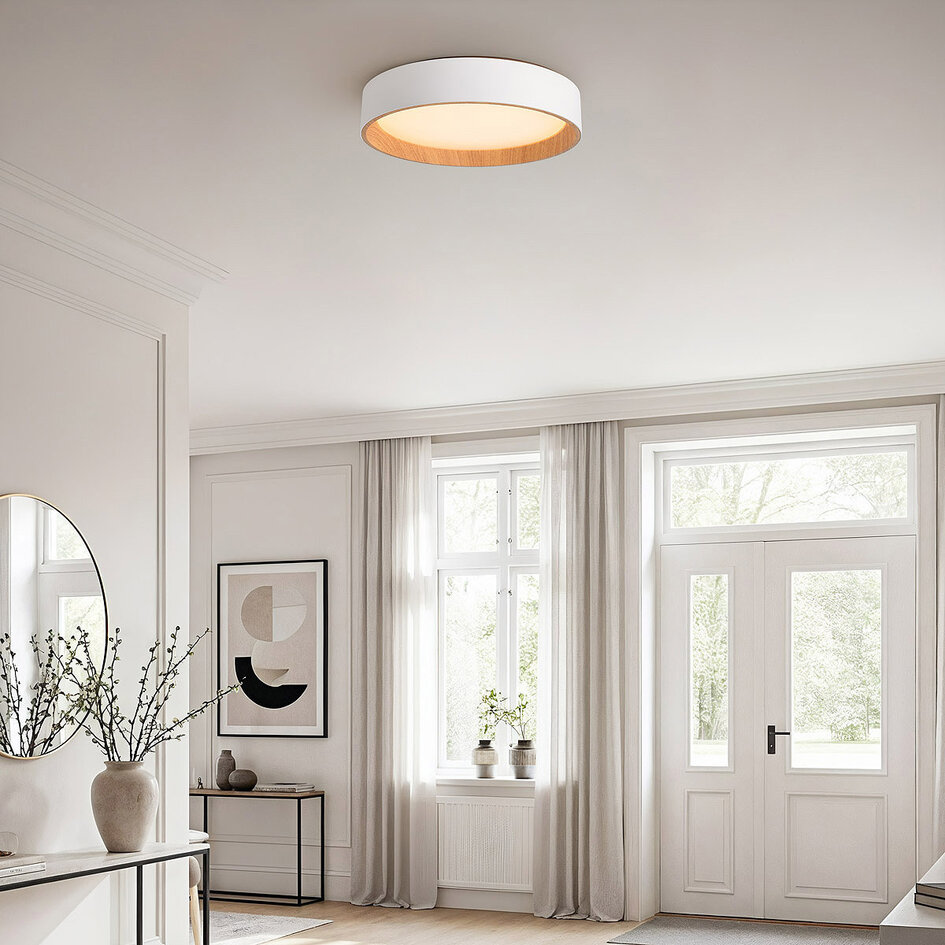 LED-taklampa Larios, 3-stegs dimbar Ø39 cm - vit med träaccent