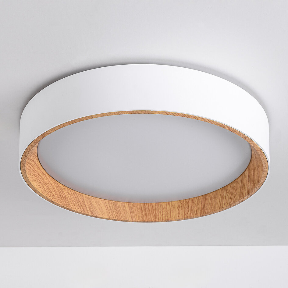LED-taklampa Larios, 3-stegs dimbar Ø39 cm - vit med träaccent