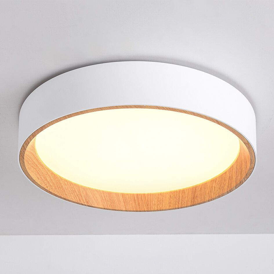 LED-taklampa Larios, 3-stegs dimbar Ø39 cm - vit med träaccent