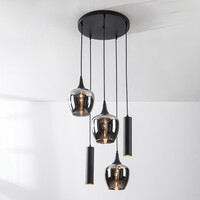 Industriell pendellampa Téo med två GU10-spotlights och tre skärmar i rökglas