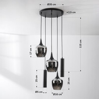 Industriell pendellampa Téo med två GU10-spotlights och tre skärmar i rökglas
