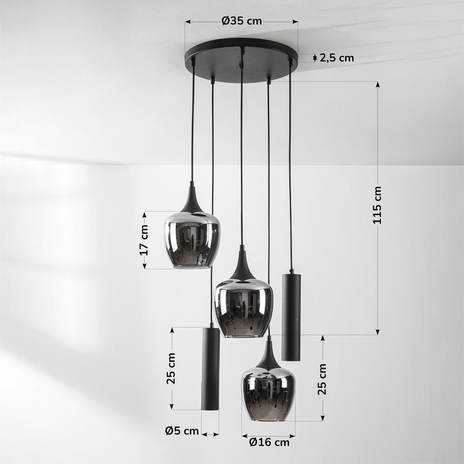 Industriell pendellampa Téo med två GU10-spotlights och tre skärmar i rökglas