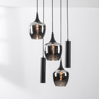 Industriell pendellampa Téo med två GU10-spotlights och tre skärmar i rökglas