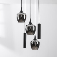 Industriell pendellampa Téo med två GU10-spotlights och tre skärmar i rökglas