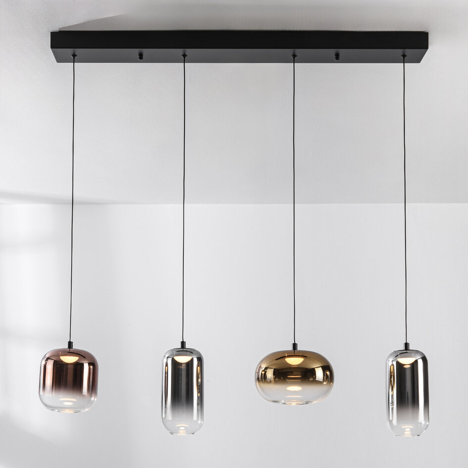 Pendellampa Kohi med fyra lampor - guld, rökfärgat och kopparfärgat glas, 3-stegs dimbar